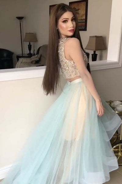 Round Neck Two Pieces Beaded Teal Long Prom Dresses, 2 Pieces Teal Formal Dresses, Beaded Evening Dresses