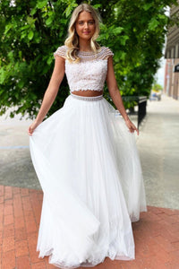 Round Neck White Lace Long Prom Dresses with Pearls, White Lace Two Pieces Formal Dresses, 2 Pieces White Evening Dresses