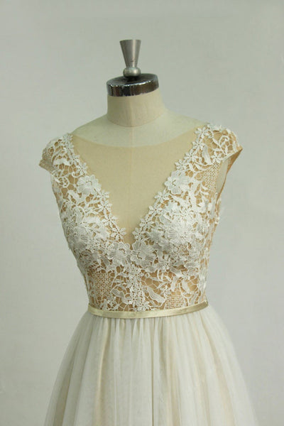 Round Neck White Tulle Lace Long Prom Dresses, White Lace Formal Dresses, White Evening Dresses