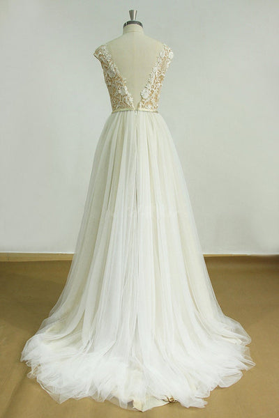 Round Neck White Tulle Lace Long Prom Dresses, White Lace Formal Dresses, White Evening Dresses