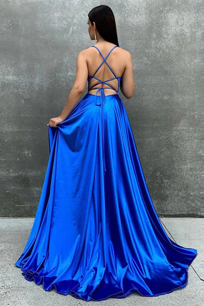 Royal Blue Satin A Line Backless Long Prom Dresses with High Slit, Long Royal Blue Formal Graduation Evening Dresses WT1129