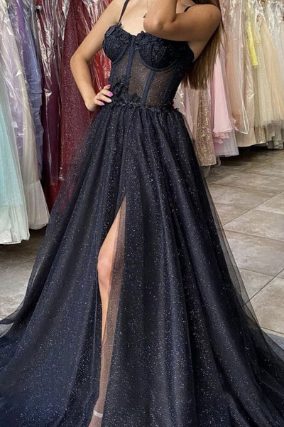 Shiny Black Tulle High Slit Long Prom Dresses, Black Tulle Formal Graduation Evening Dresses