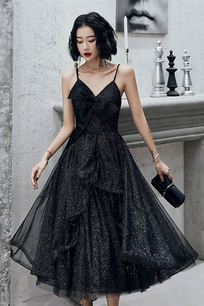 Shiny Black Tulle V Neck Open Back Tea Length Prom Dresses, Black Homecoming Dresses, Long Formal Evening Dresses WT1041