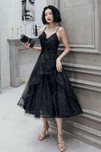 Shiny Black Tulle V Neck Open Back Tea Length Prom Dresses, Black Homecoming Dresses, Long Formal Evening Dresses WT1041