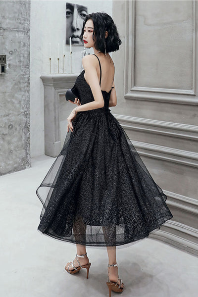 Shiny Black Tulle V Neck Open Back Tea Length Prom Dresses, Black Homecoming Dresses, Long Formal Evening Dresses WT1041