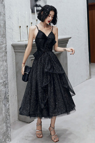 Shiny Black Tulle V Neck Open Back Tea Length Prom Dresses, Black Homecoming Dresses, Long Formal Evening Dresses WT1041