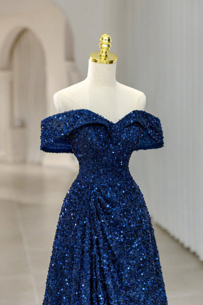 Shiny Blue Sequins Off Shoulder Long Prom Dresses, Off the Shoulder Blue Formal Dresses, Blue Sequins Evening Dresses WT1150
