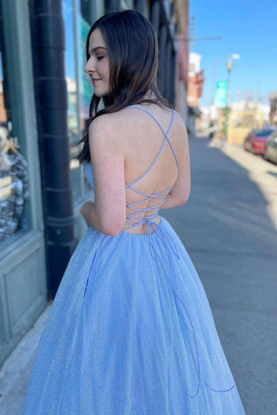 Shiny Blue Tulle V Neck Backless Long Prom Dresses, Backless Blue Formal Dresses, Blue Evening Dresses