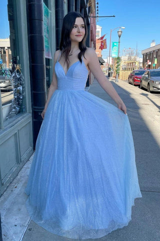 Shiny Blue Tulle V Neck Backless Long Prom Dresses, Backless Blue Formal Dresses, Blue Evening Dresses