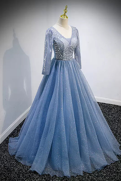 Shiny Blue Tulle V Neck Long Sleeves Beaded Long Prom Dresses, Long Blue Formal Evening Dresses with Beadings WT1219