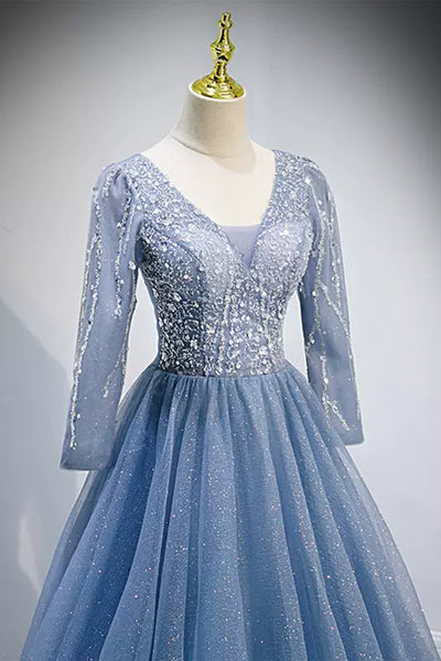 Shiny Blue Tulle V Neck Long Sleeves Beaded Long Prom Dresses, Long Blue Formal Evening Dresses with Beadings WT1219