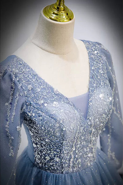 Shiny Blue Tulle V Neck Long Sleeves Beaded Long Prom Dresses, Long Blue Formal Evening Dresses with Beadings WT1219