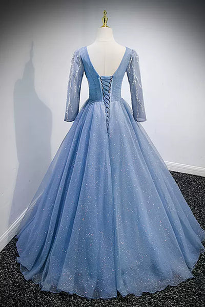 Shiny Blue Tulle V Neck Long Sleeves Beaded Long Prom Dresses, Long Blue Formal Evening Dresses with Beadings WT1219