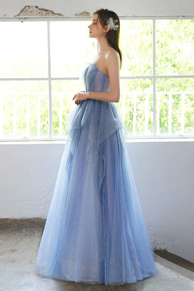 Shiny Blue Tulle V Neck Strapless Long Prom Dresses with Belt, Blue Tulle Formal Evening Dresses WT1045