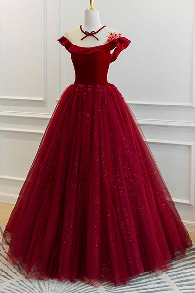 Shiny Burgundy Tulle Round Neck Long Prom Dresses, Burgundy Tulle Formal Evening Dresses