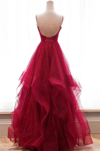 Shiny Burgundy Tulle V Neck Backless Long Prom Dresses, V Neck Burgundy Formal Evening Dresses, Sparkly Burgundy Ball Gown