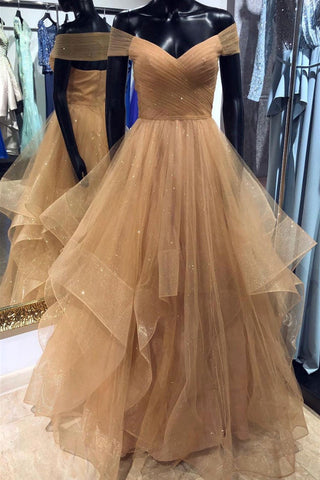 Shiny Champagne Tulle Off Shoulder Long Prom Dresses, Off the Shoulder Champagne Formal Evening Dresses