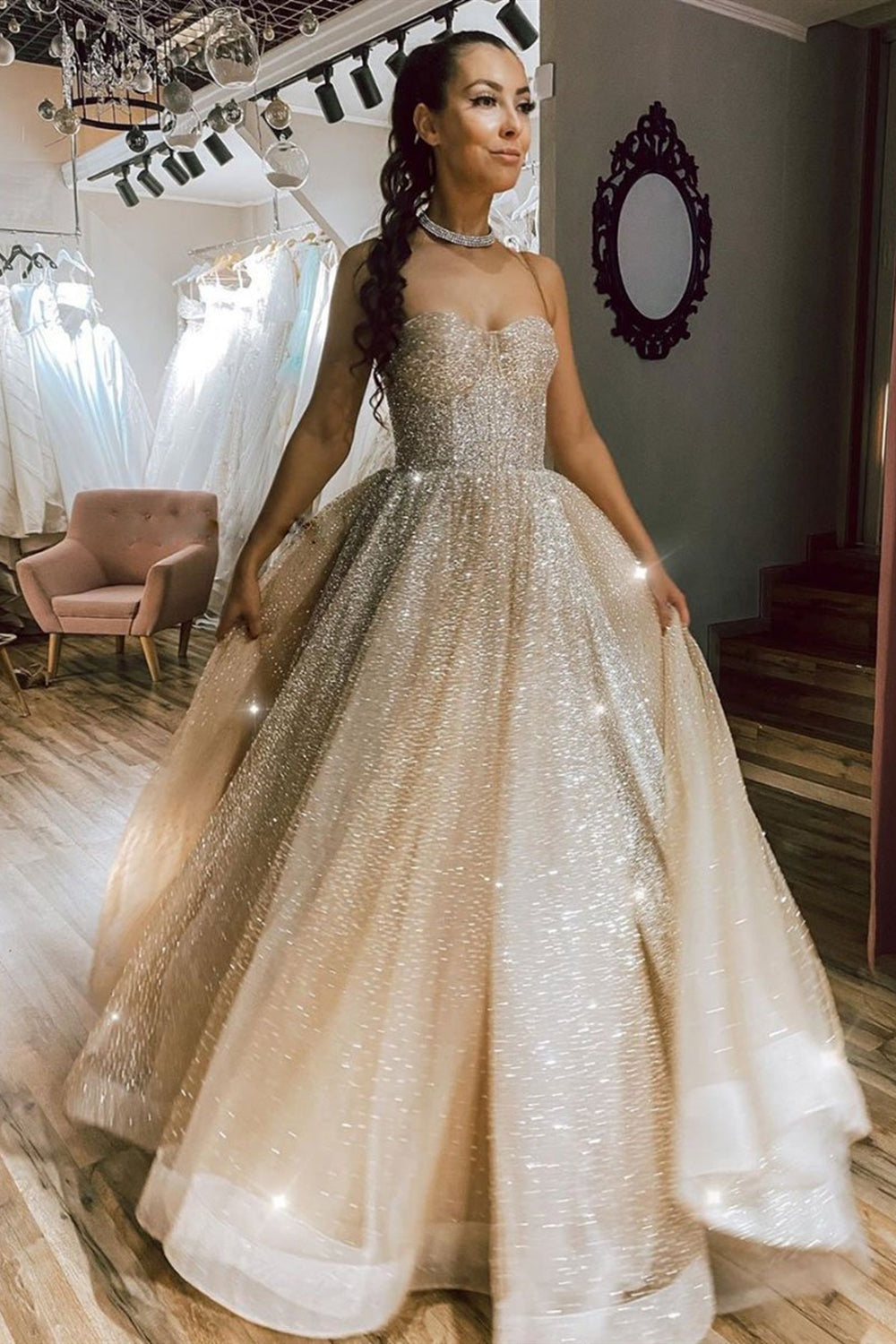 Shiny Champagne Tulle Sequins Sweetheart Neck Long Prom Dresses, Champagne Formal Evening Dresses