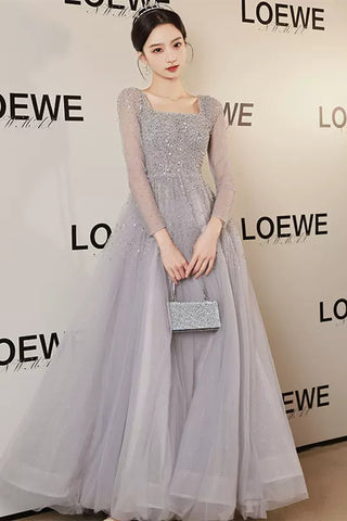 Shiny Gray Sequins Long Sleeves Long Prom Dresses, Gray Tulle Formal Graduation Evening Dresses WT1076