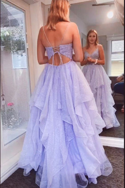 Shiny Lavender Lace Long Prom Dresses V Neck Open Back Layered Purple Formal Evening Dresses