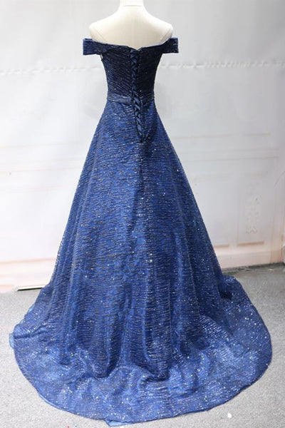 Shiny Off Shoulder Blue Long Prom Dresses, Long Blue Formal Evening Dresses