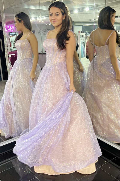 Shiny Pink Tulle A Line Spaghetti Straps Long Prom Dresses, Pink Formal Graduation Evening Dresses WT1099