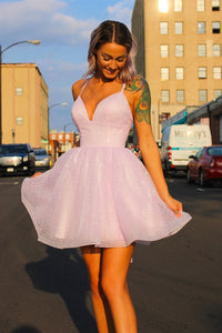 Shiny Purple Tulle A Line V Neck Short Prom Dresses, Lilac Tulle Homecoming Dresses, Short Lavender Formal Evening Dresses WT1027