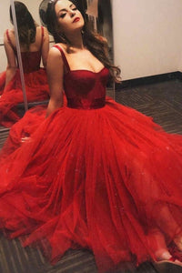 Shiny Red Tulle Long Prom Dresses Open Back Red Tulle Formal Graduation Evening Dresses