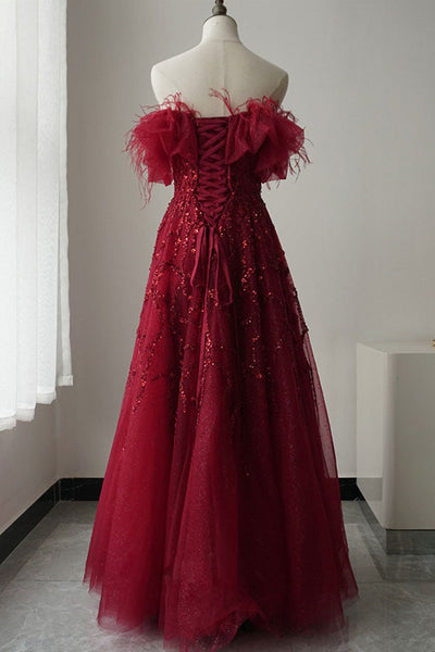 Shiny Sequins Burgundy Tulle Long Prom Dresses, Burgundy Tulle Formal Graduation Evening Dresses
