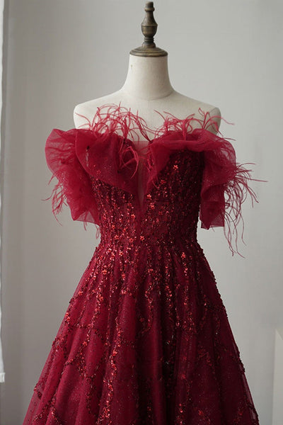 Shiny Sequins Burgundy Tulle Long Prom Dresses, Burgundy Tulle Formal Graduation Evening Dresses
