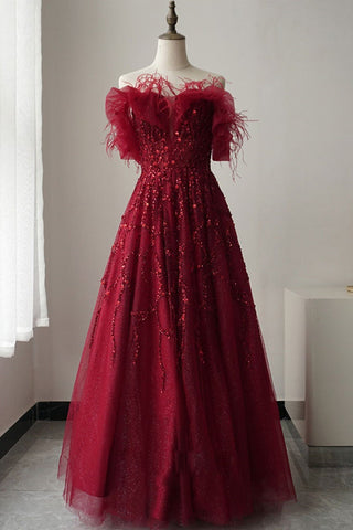 Shiny Sequins Burgundy Tulle Long Prom Dresses, Burgundy Tulle Formal Graduation Evening Dresses