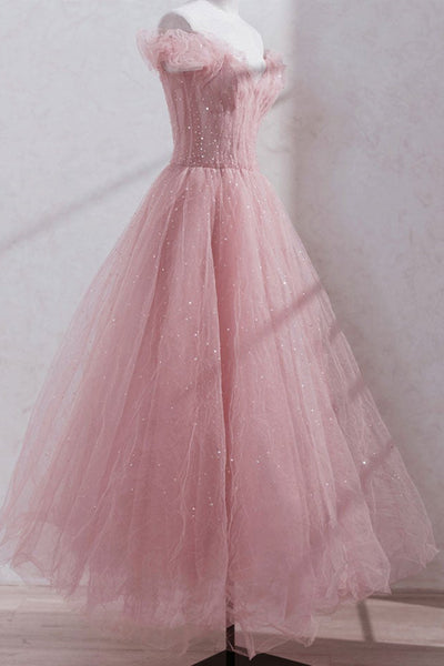 Shiny Sequins Off Shoulder Tea Length Pink Prom Dresses, Off the Shoulder Pink Formal Evening Dresses