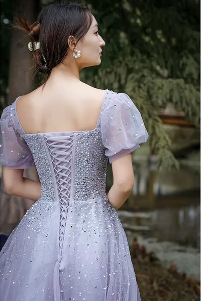 Shiny Sequins Short Sleeves Light Purple Tulle Long Prom Dresses, Elegant Purple Formal Graduation Evening Dresses WT1004