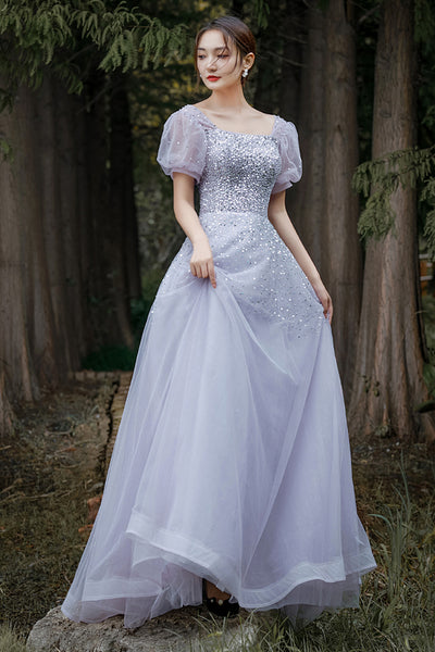 Shiny Sequins Short Sleeves Light Purple Tulle Long Prom Dresses, Elegant Purple Formal Graduation Evening Dresses WT1004