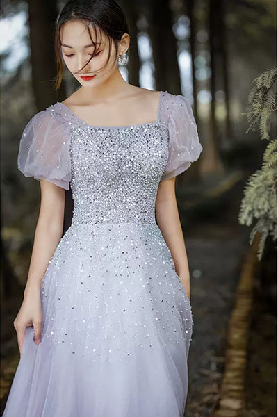 Shiny Sequins Short Sleeves Light Purple Tulle Long Prom Dresses, Elegant Purple Formal Graduation Evening Dresses WT1004