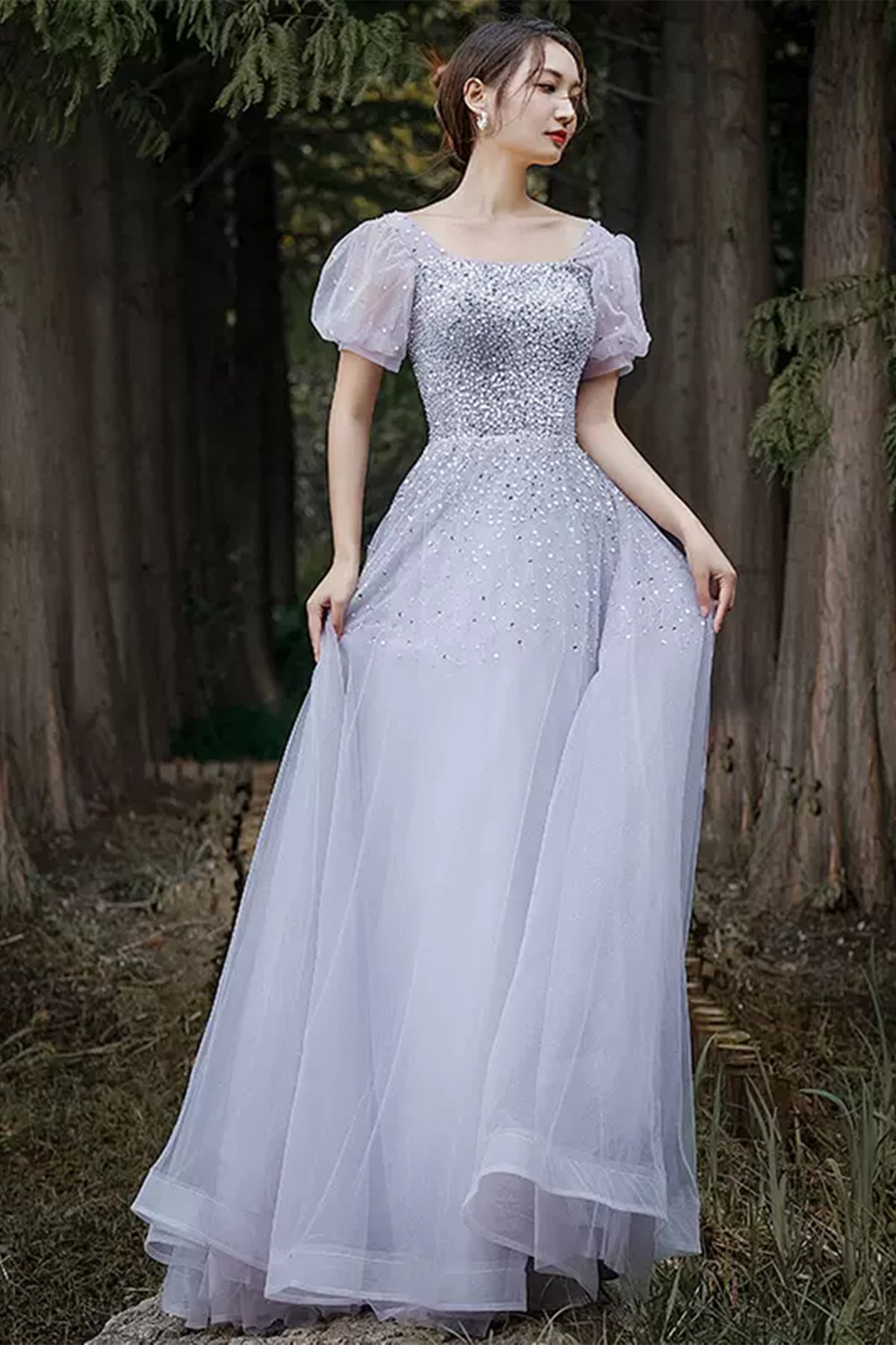 Shiny Sequins Short Sleeves Light Purple Tulle Long Prom Dresses, Elegant Purple Formal Graduation Evening Dresses WT1004