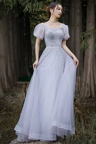 Shiny Sequins Short Sleeves Light Purple Tulle Long Prom Dresses, Elegant Purple Formal Graduation Evening Dresses WT1004