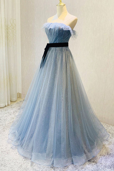 Shiny Sequins Tulle Blue Strapless Long Prom Dresses, Open Back Blue Formal Dresses, Blue Evening Dresses