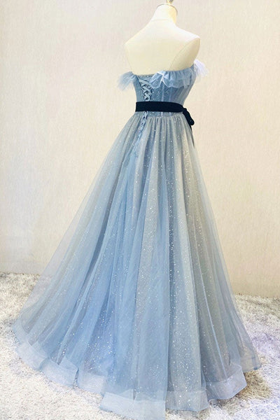 Shiny Sequins Tulle Blue Strapless Long Prom Dresses, Open Back Blue Formal Dresses, Blue Evening Dresses