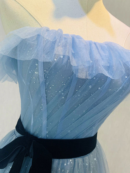 Shiny Sequins Tulle Blue Strapless Long Prom Dresses, Open Back Blue Formal Dresses, Blue Evening Dresses