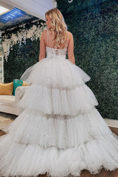 Shiny Sequins V Neck Open Back High Low Ivory Prom Dresses, Long V Neck Ivory Formal Dresses, Ivory Evening Dresses