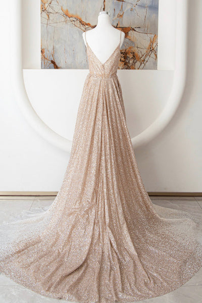 Shiny Tulle A Line V Neck Champagne Long Prom Dresses, Long Champagne Formal Graduation Evening Dresses WT1175
