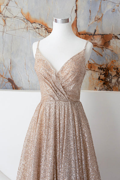 Shiny Tulle A Line V Neck Champagne Long Prom Dresses, Long Champagne Formal Graduation Evening Dresses WT1175