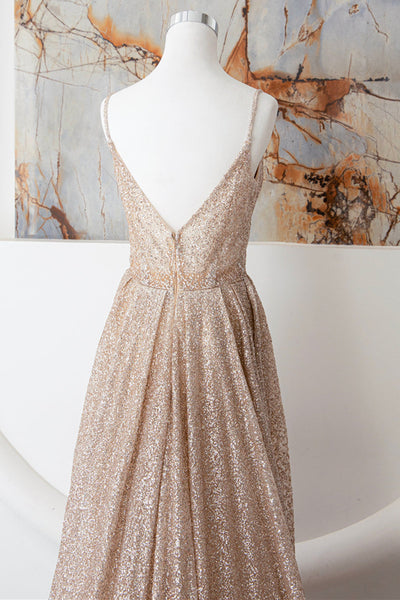 Shiny Tulle A Line V Neck Champagne Long Prom Dresses, Long Champagne Formal Graduation Evening Dresses WT1175