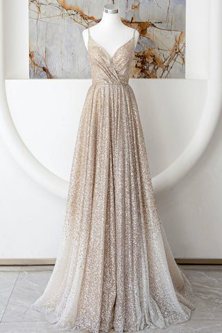 Shiny Tulle A Line V Neck Champagne Long Prom Dresses, Long Champagne Formal Graduation Evening Dresses WT1175