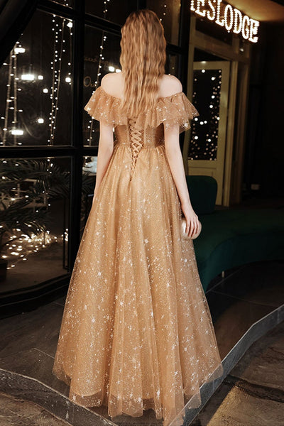 Shiny Tulle Golden Off Shoulder Long Prom Dresses, Off the Shoulder Golden Formal Dresses, Golden Evening Dresses
