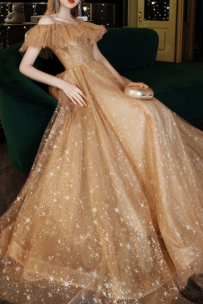 Shiny Tulle Golden Off Shoulder Long Prom Dresses, Off the Shoulder Golden Formal Dresses, Golden Evening Dresses