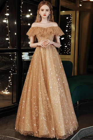 Shiny Tulle Golden Off Shoulder Long Prom Dresses, Off the Shoulder Golden Formal Dresses, Golden Evening Dresses