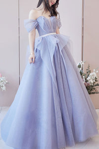 Shiny Tulle Off Shoulder Purple Long Prom Dresses with Belt, Sparkly Purple Formal Evening Dresses