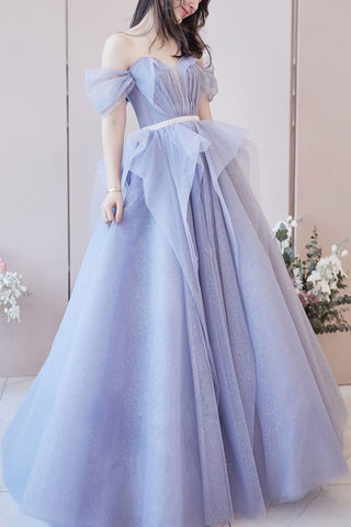 Shiny Tulle Off Shoulder Purple Long Prom Dresses with Belt, Sparkly Purple Formal Evening Dresses